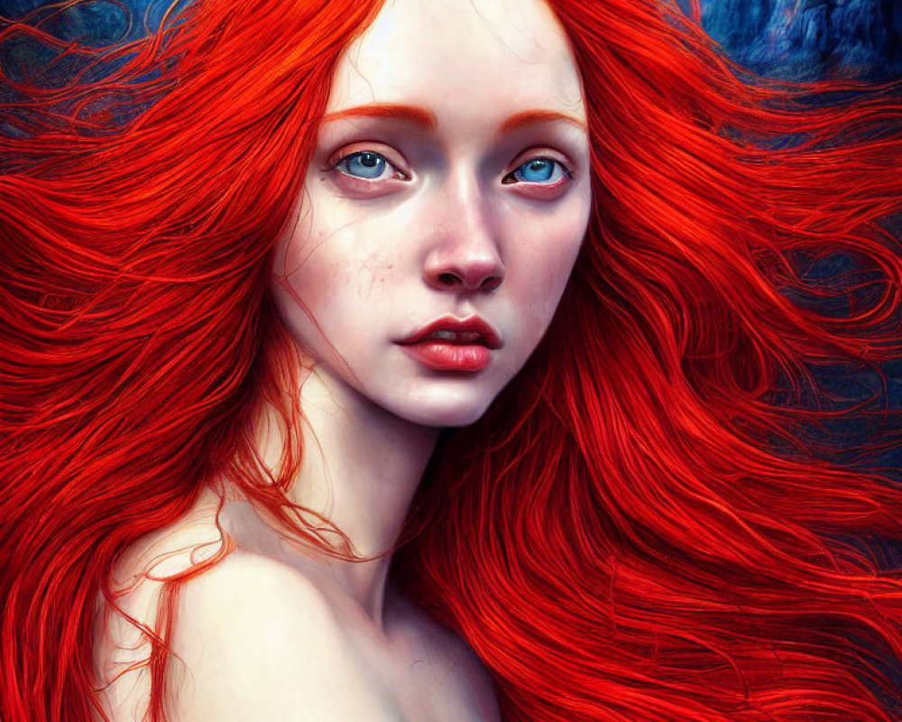 Vibrant digital artwork: Woman with red hair and blue eyes on blue backdrop