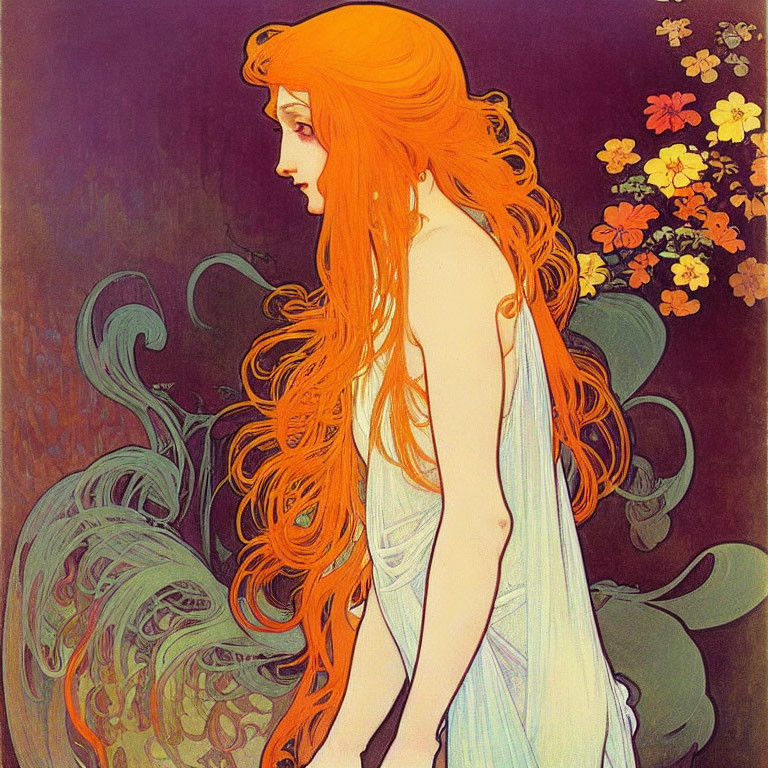 Art Nouveau Style Illustration of Woman with Red Hair and Floral Patterns