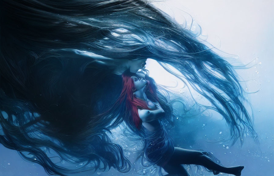 Woman with flowing dark hair in serene underwater scene