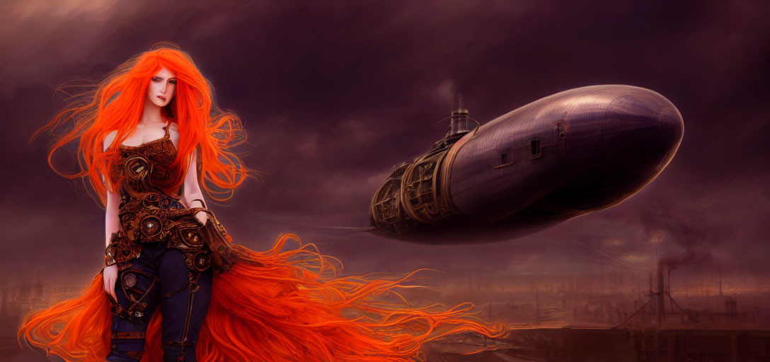 Vibrant orange-haired woman in steampunk attire under cloudy sky with airship