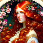 Digital Artwork: Woman with Long Red Hair and Pink Flowers in Blossoming Branches