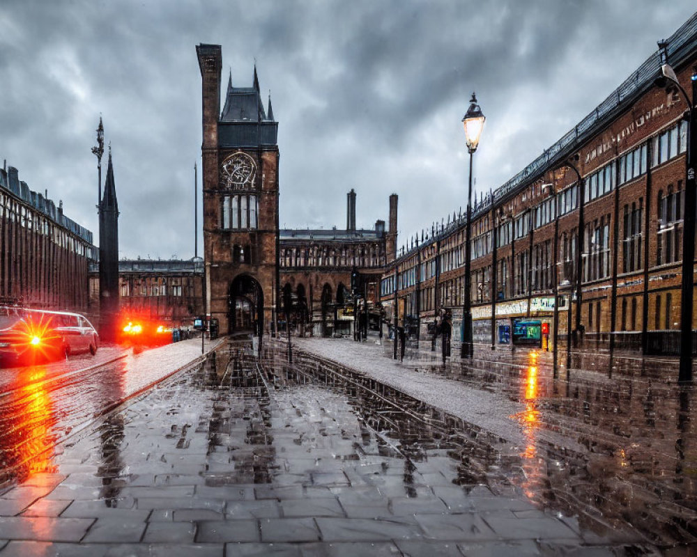 Historic railway station on a rainy day with wet cobblestones reflecting lights