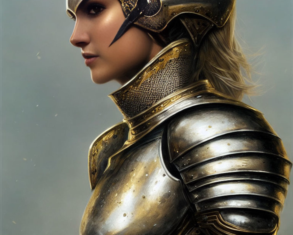 Female Warrior in Ornate Metallic Armor and Helmet with Intricate Designs