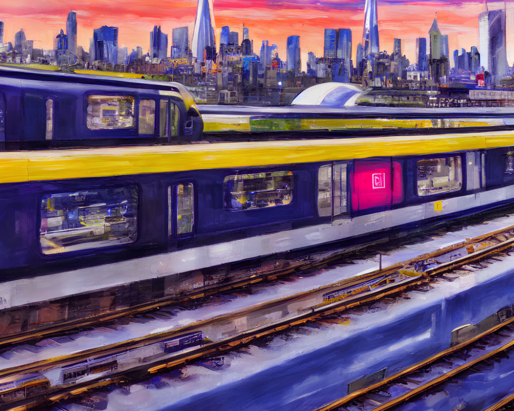 Vibrant painting of blue & yellow train at station with sunset sky & city skyline