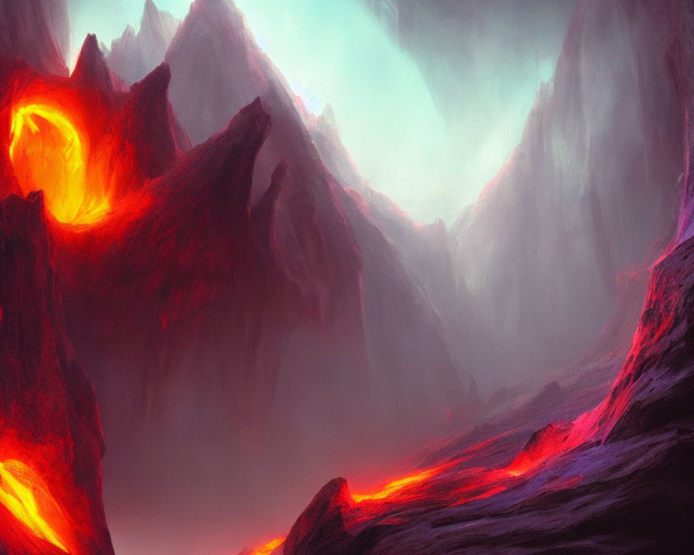 Volcanic landscape with glowing lava flows and dark mountains