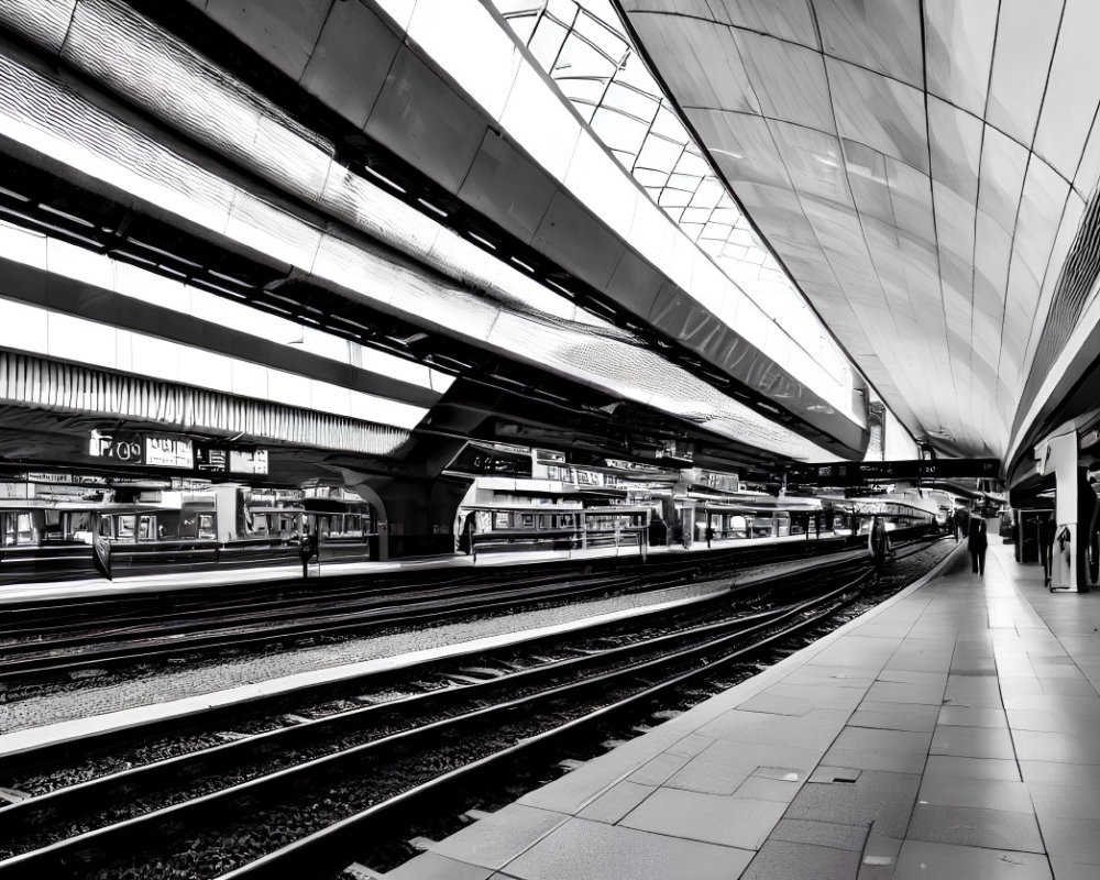 Modern train station with multiple platforms and parked trains in black and white.