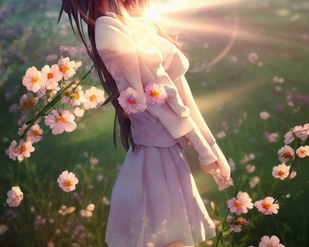 Illustrated girl with long dark hair in pink flower field under sunlight.