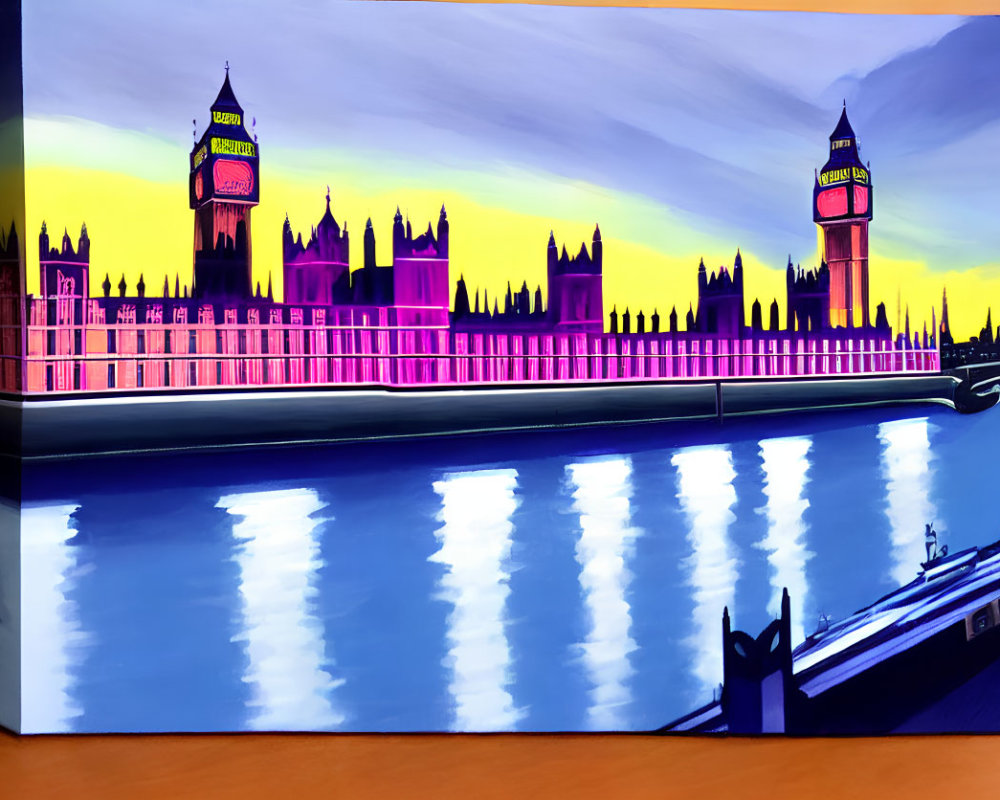 Stylized Westminster Skyline Canvas Print in Purples and Yellows