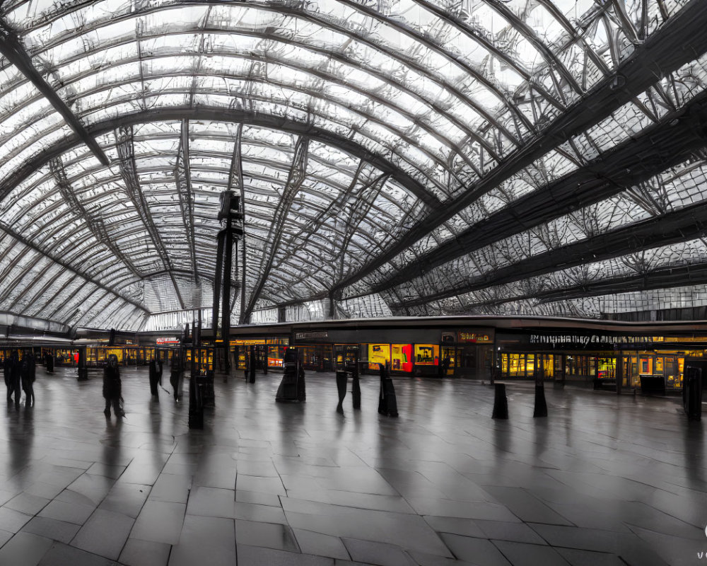 Large Indoor Train Station with Curved Glass Roof and Silhouetted Figures