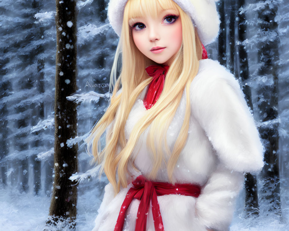 Blonde Girl in Bunny Outfit Illustration in Snowy Forest