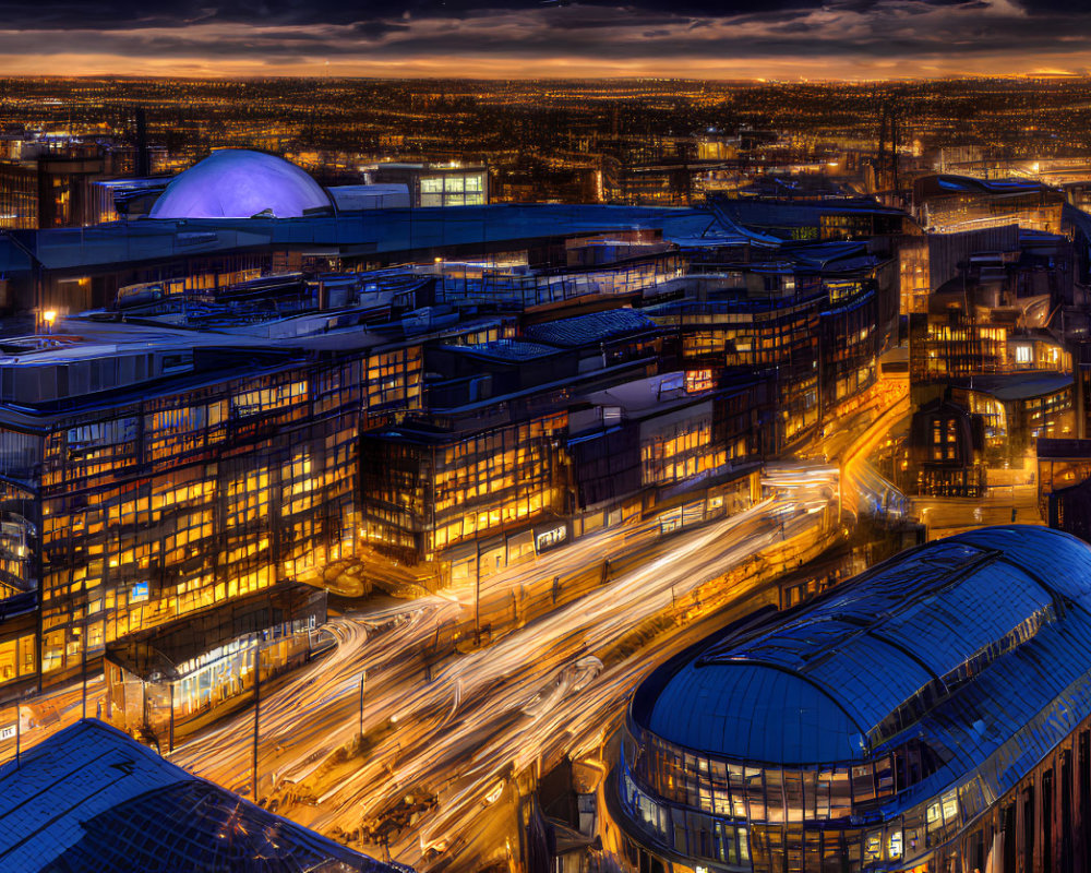 Twilight cityscape with illuminated buildings and traffic streaks