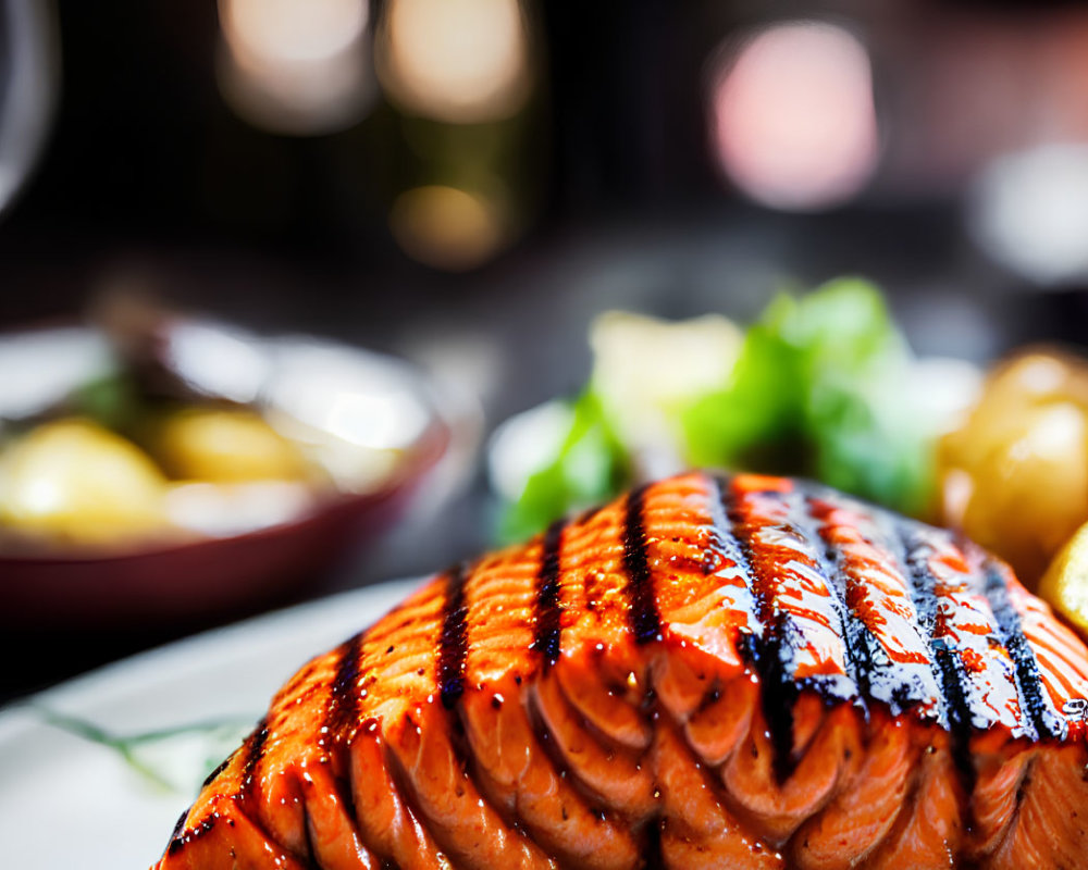 Grilled Salmon Fillet with Herb Garnish and Roasted Potatoes on White Plate