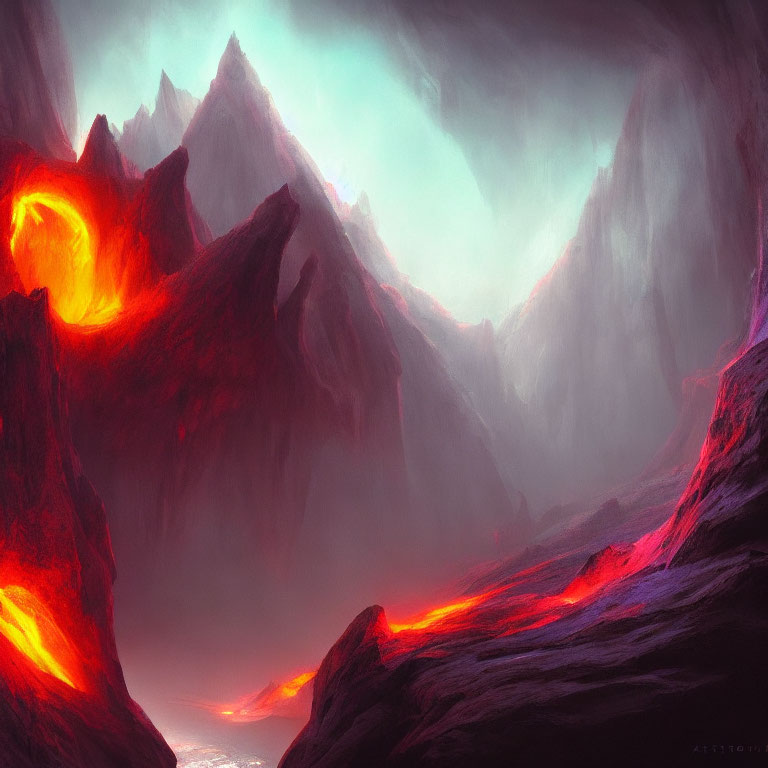 Volcanic landscape with glowing lava flows and dark mountains