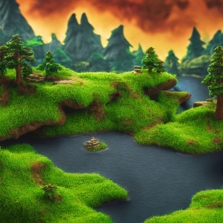 Tranquil landscape with greenery, river, and surreal mountains under orange sky