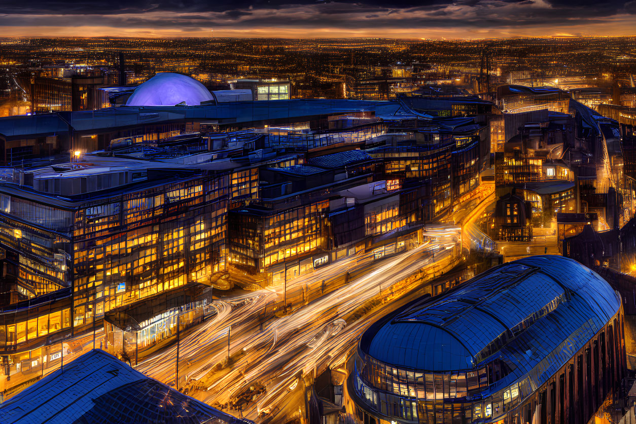 Twilight cityscape with illuminated buildings and traffic streaks