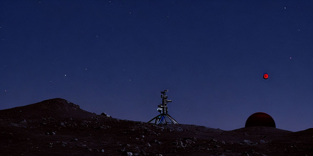 Robotic lander on lunar landscape with crimson planet in starry sky