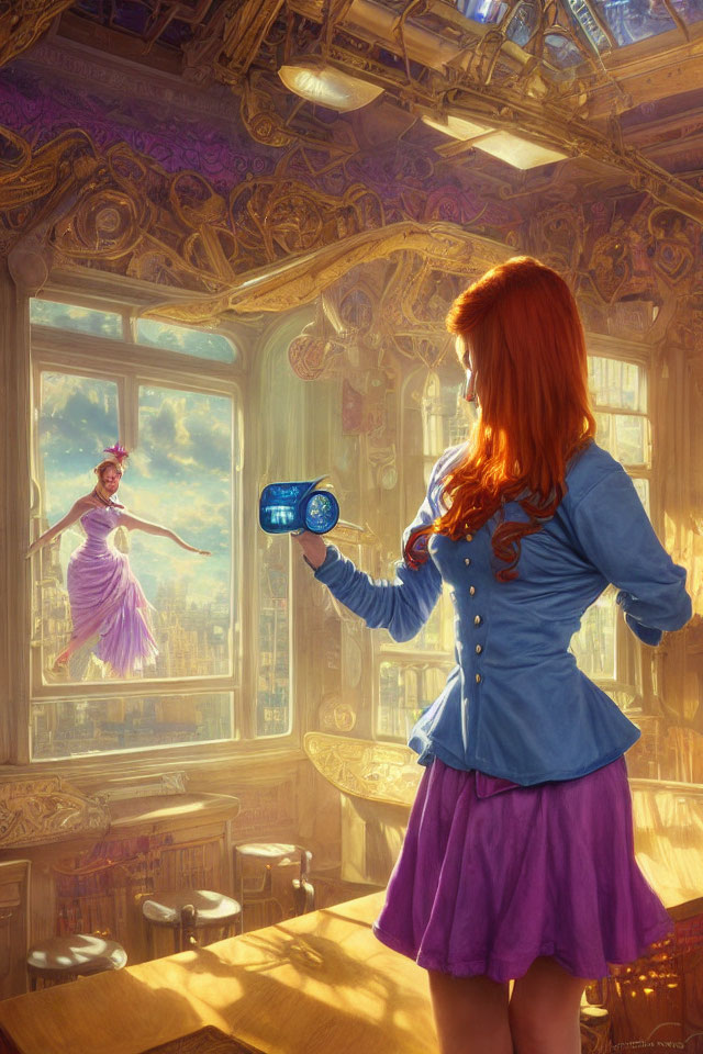 Red-haired woman in blue jacket and purple skirt with glowing camera captures floating ballerina in golden room