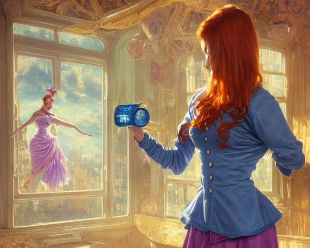 Red-haired woman in blue jacket and purple skirt with glowing camera captures floating ballerina in golden room