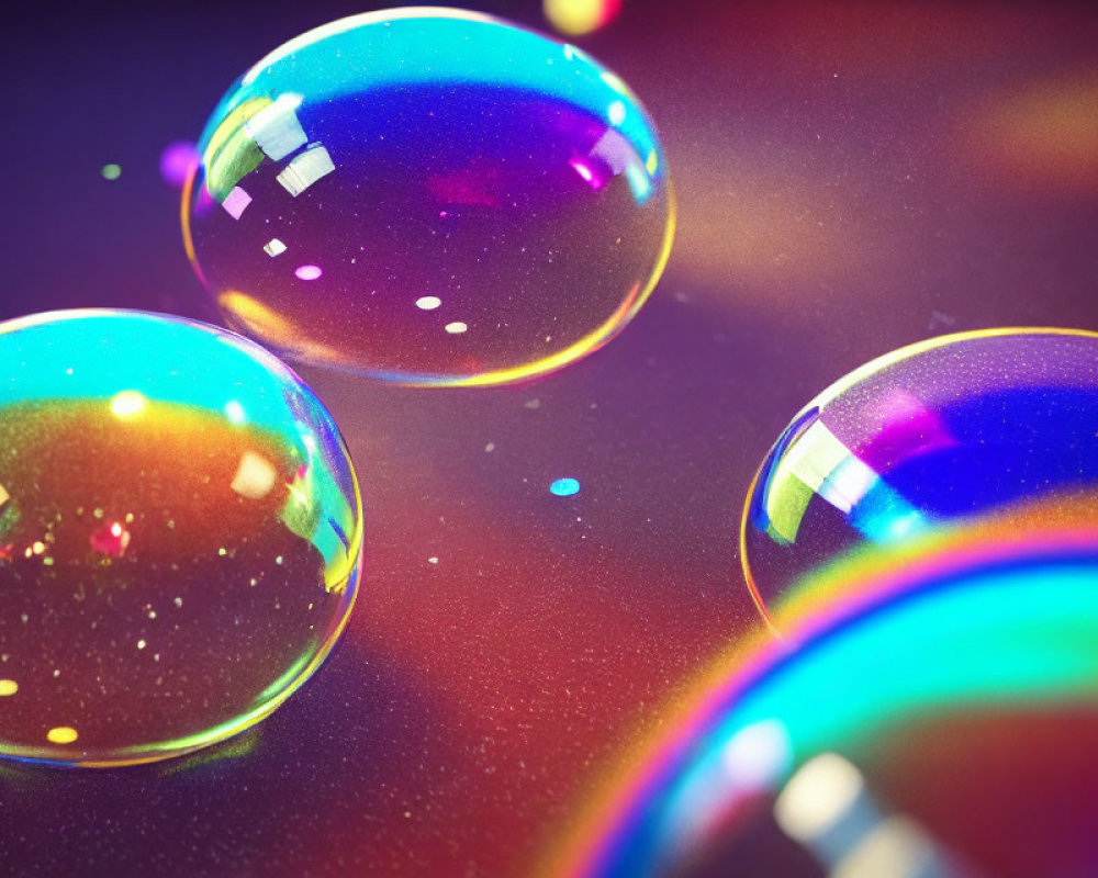 Vibrant soap bubbles on reflective surface with bokeh effect