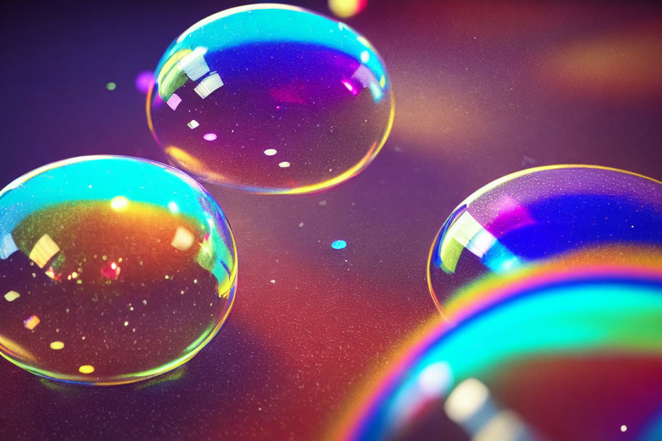 Vibrant soap bubbles on reflective surface with bokeh effect