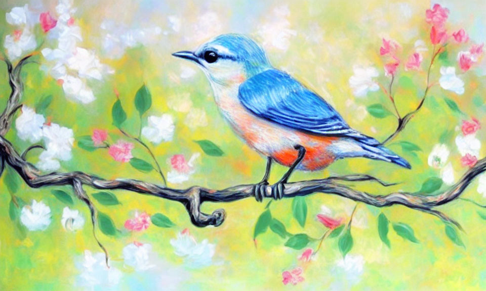 Colorful painting of blue and orange bird on branch with pink blossoms