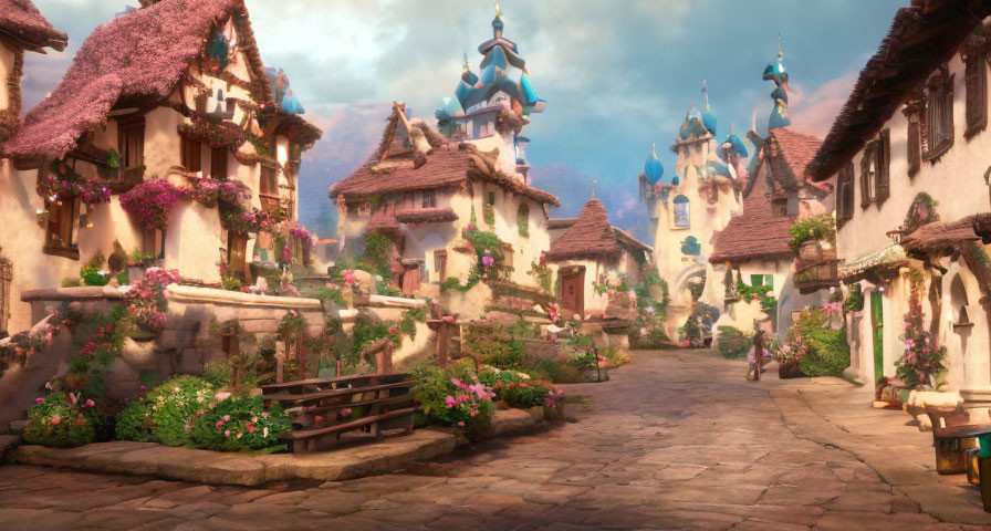 Whimsical fantasy village street with cobblestone pathways