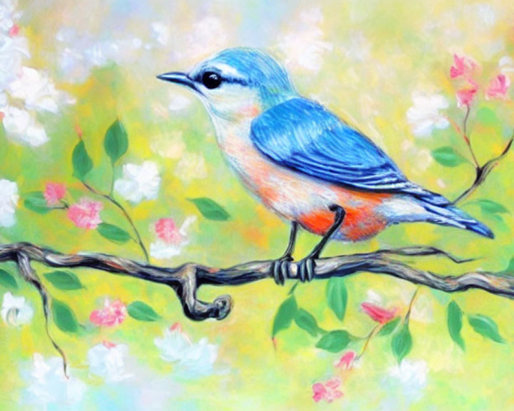 Colorful painting of blue and orange bird on branch with pink blossoms