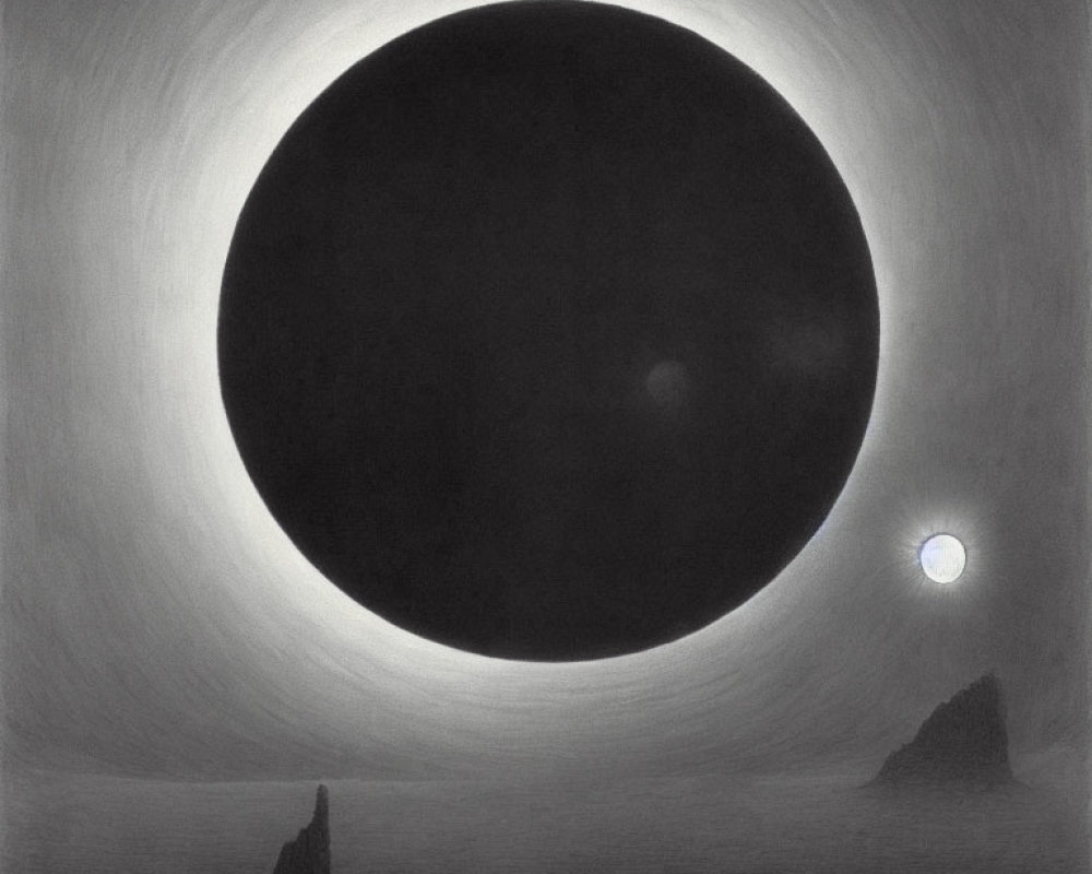 Detailed graphite drawing of a solar eclipse with radiant corona and rocky outcrops