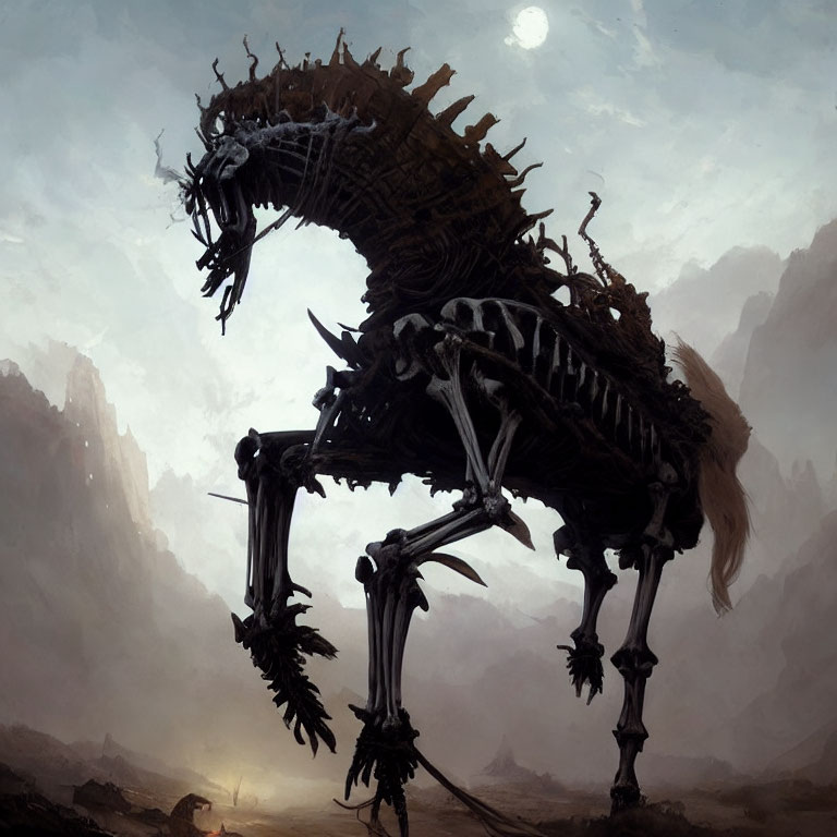 Mythical horse-like creature skeleton in misty landscape