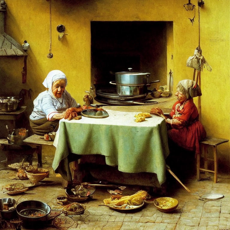 Traditional Attire Women Peeling Vegetables at Kitchen Table