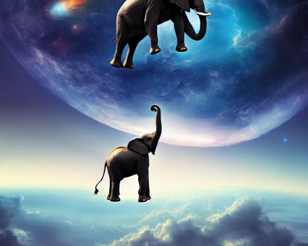 Elephants on curved celestial landscape in cosmic space