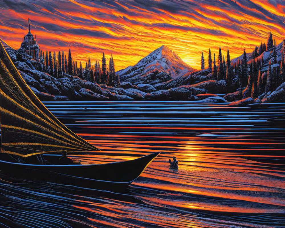 Traditional boat on shimmering lake with snowy mountains and vibrant sunset