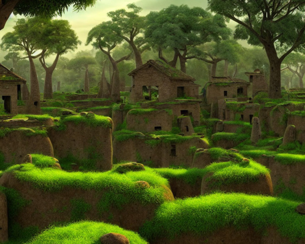 Overgrown ancient village in forest with moss-covered stone structures