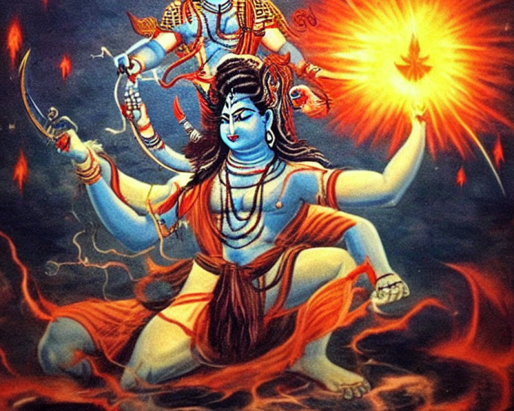 Blue-skinned deity with multiple arms surrounded by flames, serene deity in background