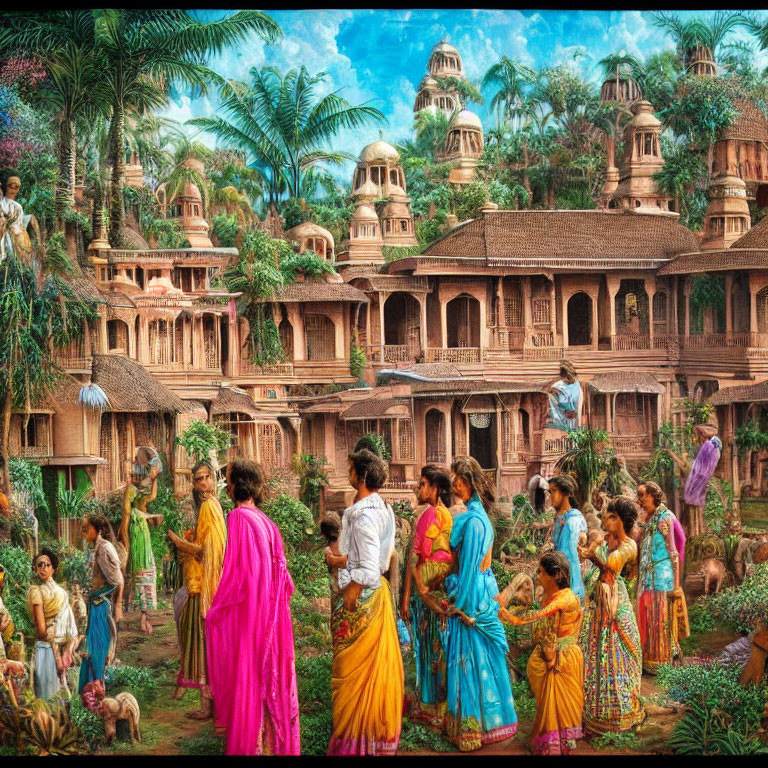 Traditional Indian village scene with colorful clothing, intricate architecture, and lush greenery