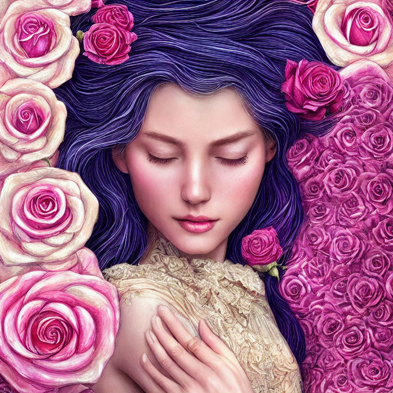 Illustration of woman with purple hair surrounded by pink and purple roses