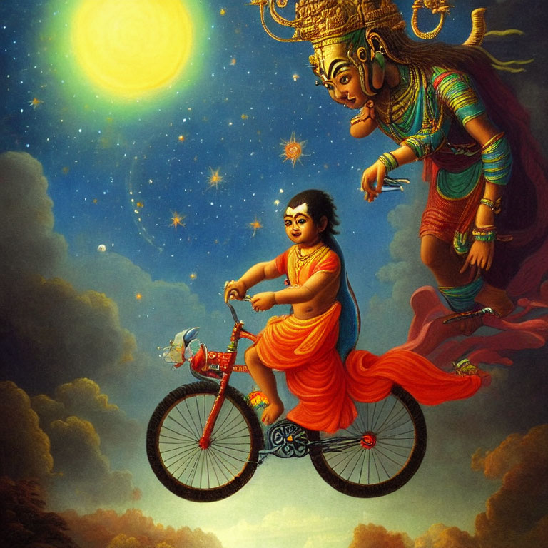 Child Riding Bicycle with Colorful Mythical Figure