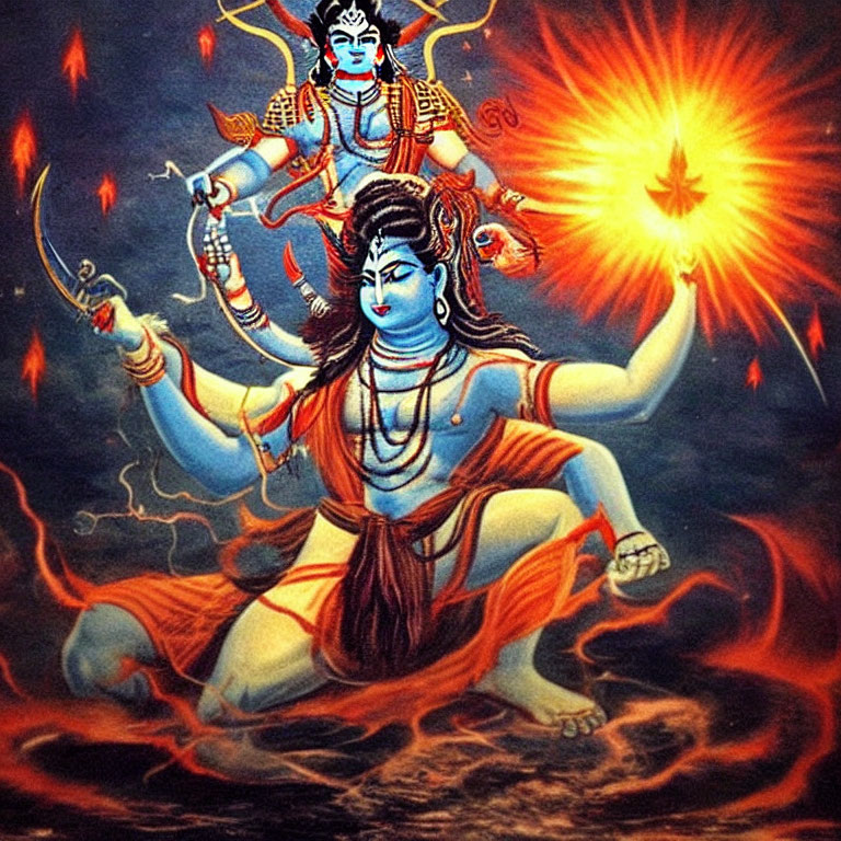 Blue-skinned deity with multiple arms surrounded by flames, serene deity in background