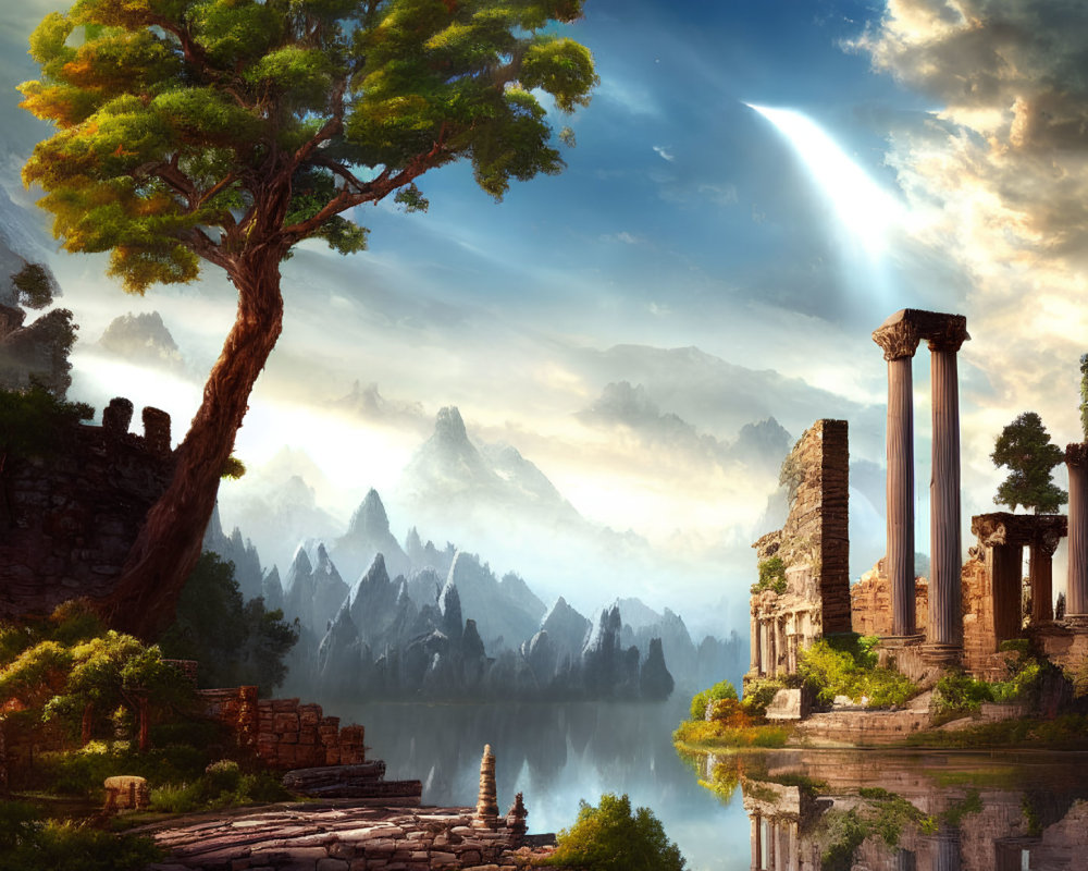 Tranquil ancient ruin by still lake with tree, mountains, and comet