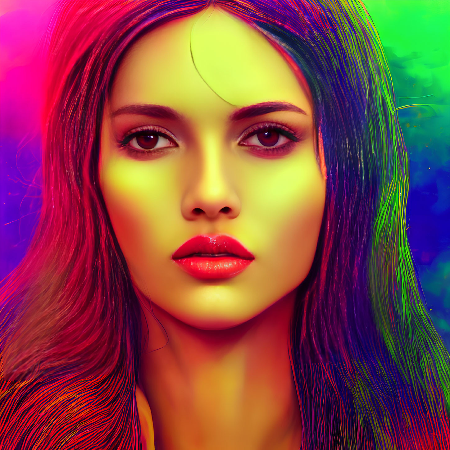 Vibrant digital artwork of a woman with radiant skin and neon glow