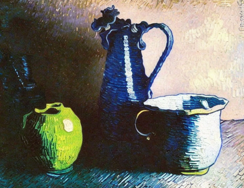 Vibrant Expressionist painting of blue jug, bowl, and green bottle on textured background