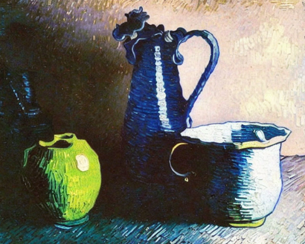 Vibrant Expressionist painting of blue jug, bowl, and green bottle on textured background