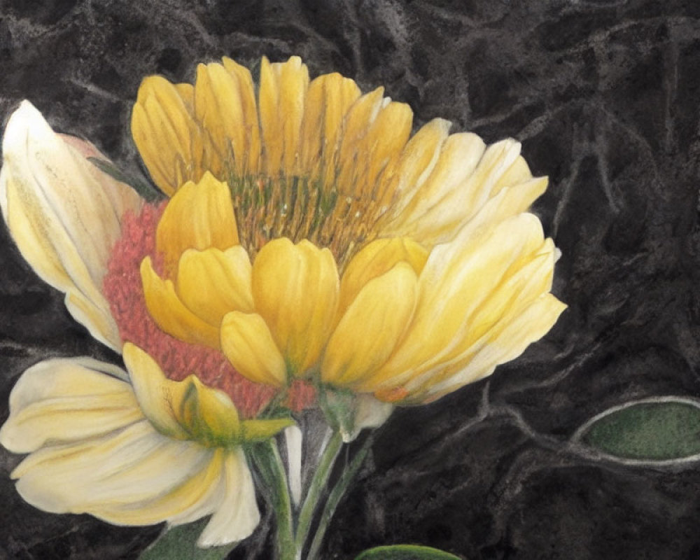 Yellow Flower Pastel Drawing on Textured Black Background