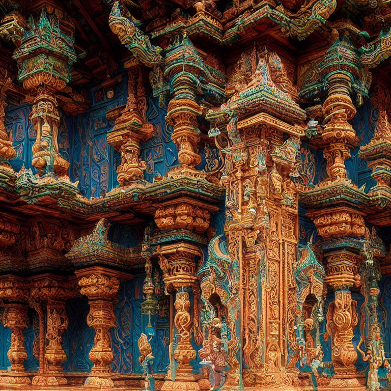 Colorful Carved Temple Facade with Indian Design Elements