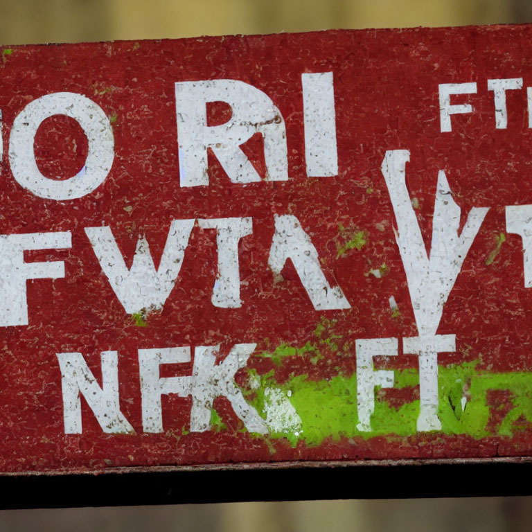 Faded red sign with white letters, weathered and rustic look