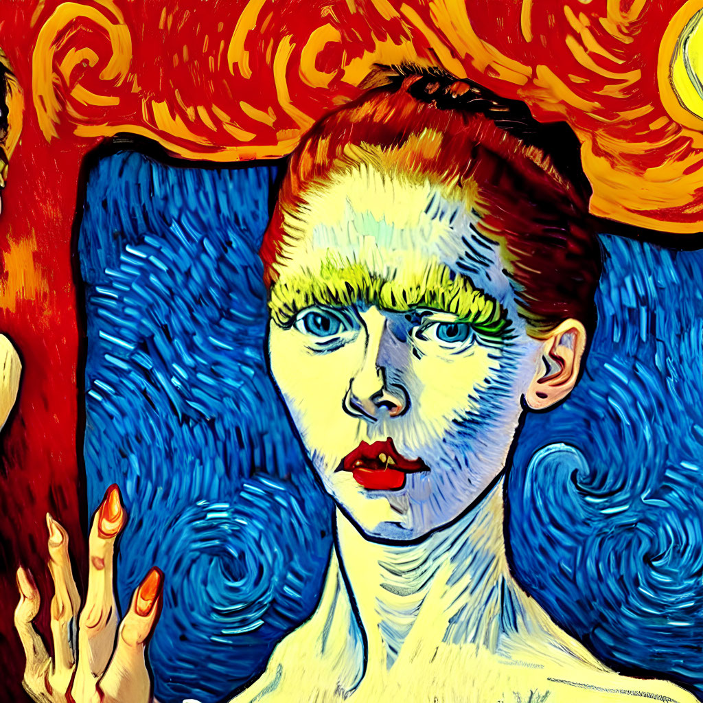 Portrait with Blue-Swirled Background and Van Gogh-Inspired Features