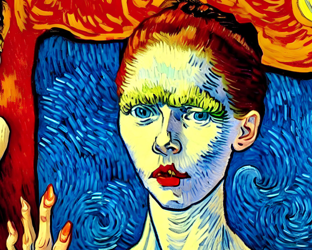 Portrait with Blue-Swirled Background and Van Gogh-Inspired Features