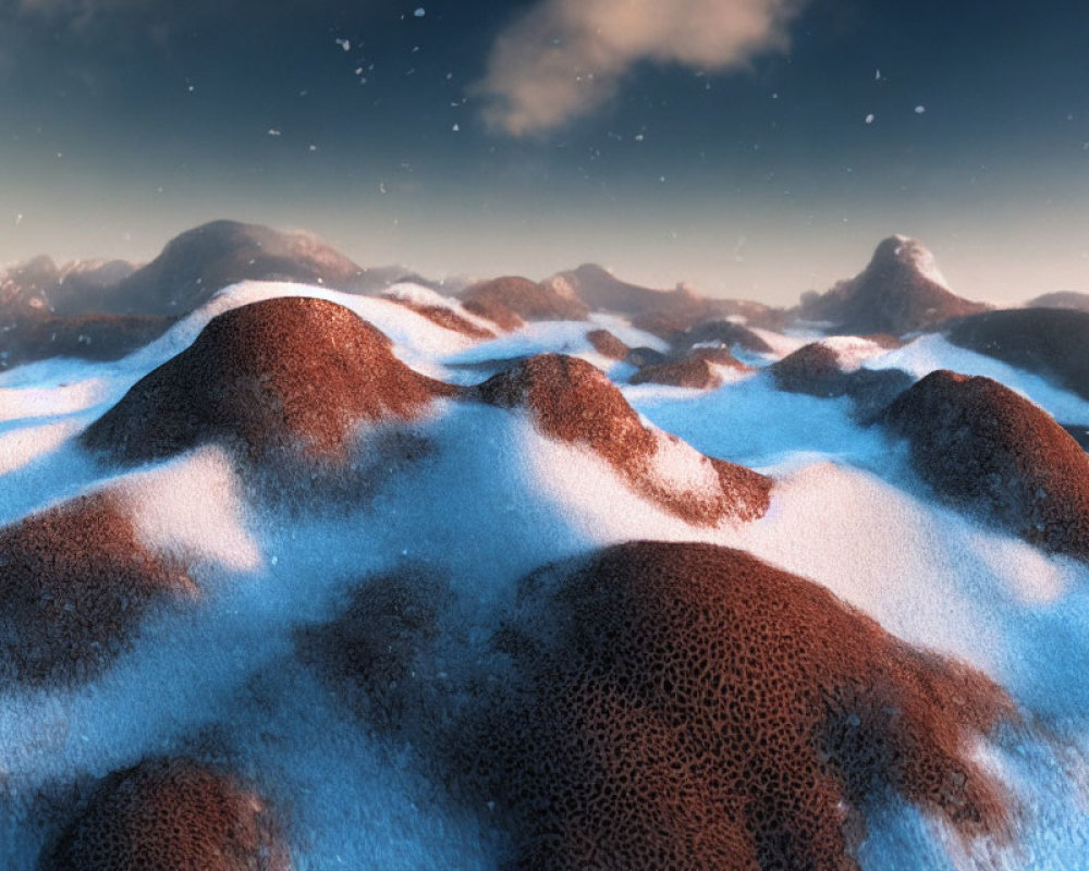 Scenic snow-covered brown hills under blue sky with floating white particles