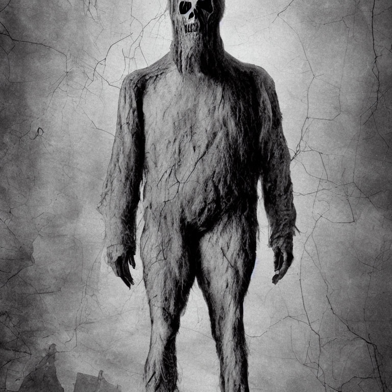 Monochrome image of creature resembling Bigfoot with skull-like face on textured background