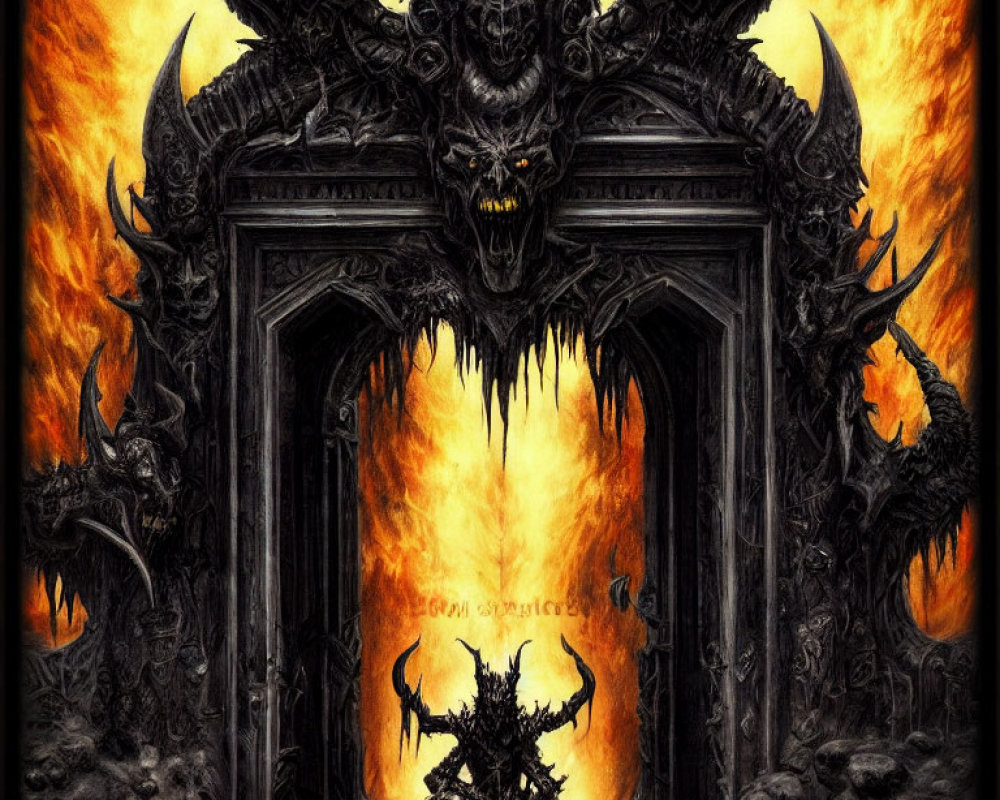 Dark fantasy artwork: Fiery gate with demonic figures and skulls